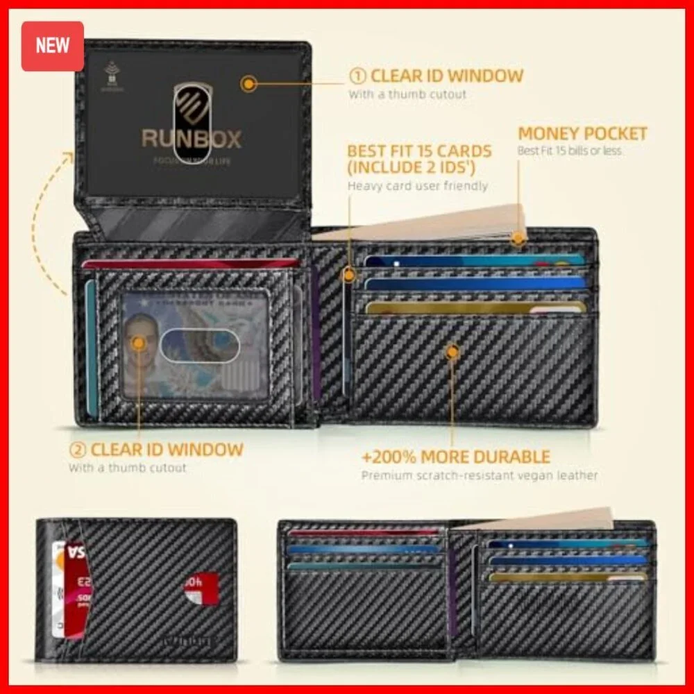 Slim RFID Leather Wallet with 2 ID Windows and 15 Card Slots